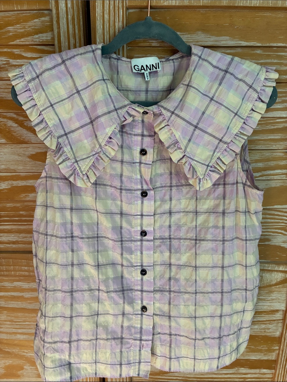 Ganni Lavender and Cream Plaid Ruffle-Collar Sleeveless Blouse